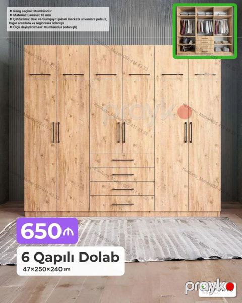 6 qapılı paltar dolabı – 47×250×240 sm Xüsusiyyətlər: - Material: 18 — Bakı