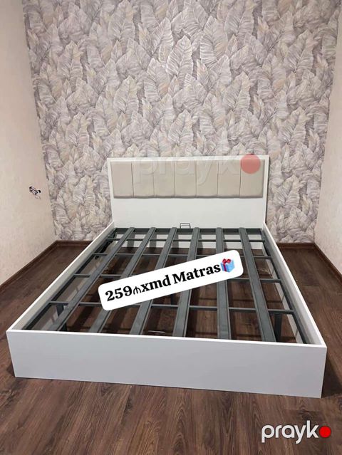 Ağ rəngli iki nəfərlik çarpayı karkası və yumşaq başlıq - Minimalist — Bakı