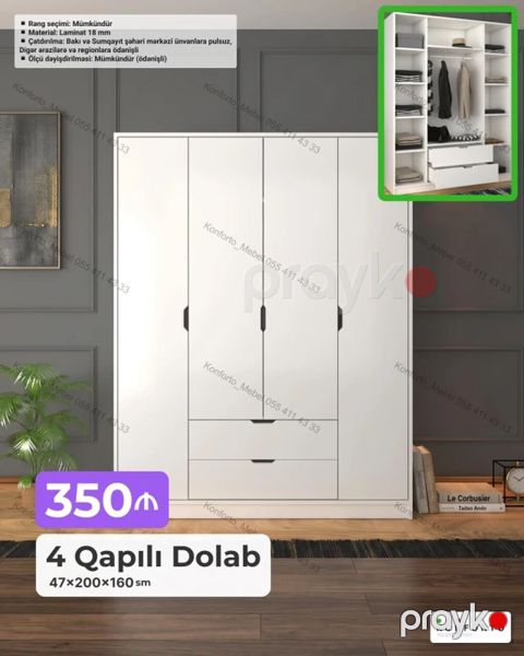 4 qapılı dolab – 47×200×160 sm Xüsusiyyətlər: - Material: 18 mm — Bakı