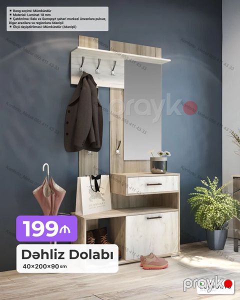 Dəhliz dolabı – 40×200×90 sm - Dizayn: Ayna ilə təchiz olunmuş panel — Bakı