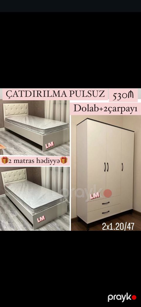 Məhsul: Dolab + 2 çarpayı dəsti Tərkib: - 3 qapılı şkaf: aşağıda 2 — Mehdiabad