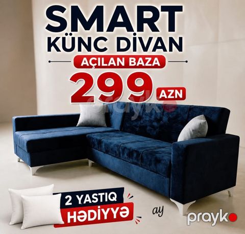 Smart künc divan – açılan baza funksiyalı model. Dərin lacivərt — Bakı