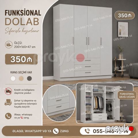 Düz dolab, Qarderob, Açılan, Korpuslu, 4 qapılı — Bakı