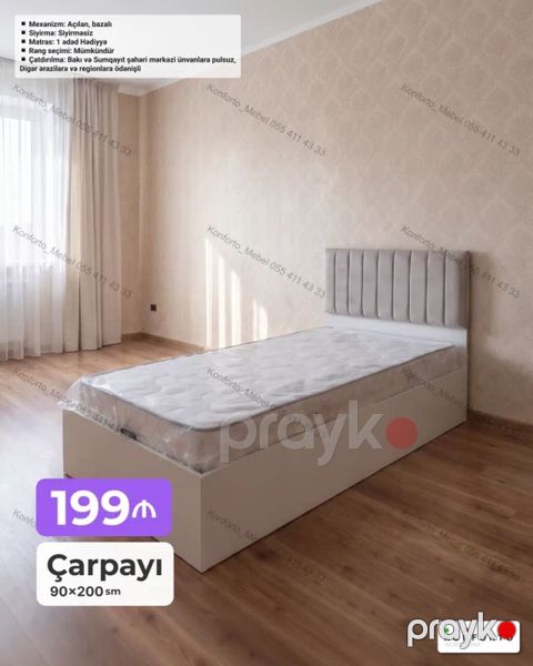 Tək nəfərlik çarpayı – 90×200 sm - Mexanizm: Açılan, bazalı (anbar — Bakı