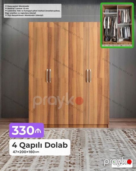 4 qapılı geyim dolabı - Ölçü: 47 200 160 sm - Material: 18 mm — Bakı