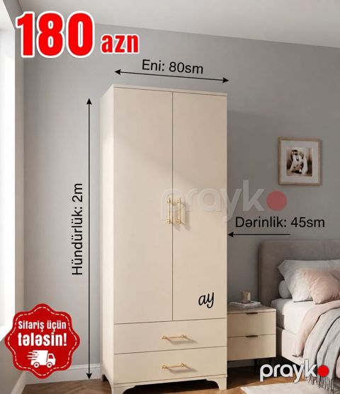İki qapılı paltar dolabı Ölçülər: - Hündürlük: 2 m - En: 80 sm — Digah