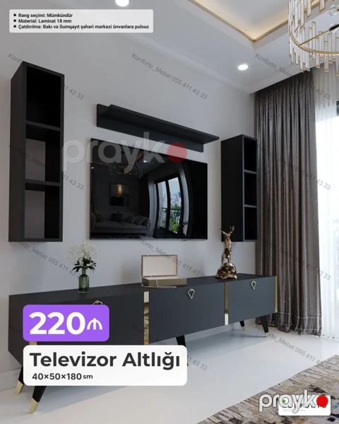 Televizor altlığı – 40×50×180 sm - Müasir dizaynlı, 4 qapalı bölməli — Bakı