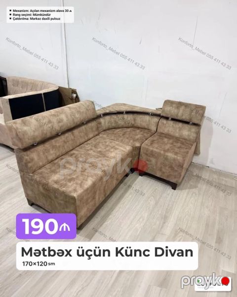 Mətbəx üçün künc divan – 170×120 sm - Rahat L‑şəkilli dizayn, mətbəx — Bakı