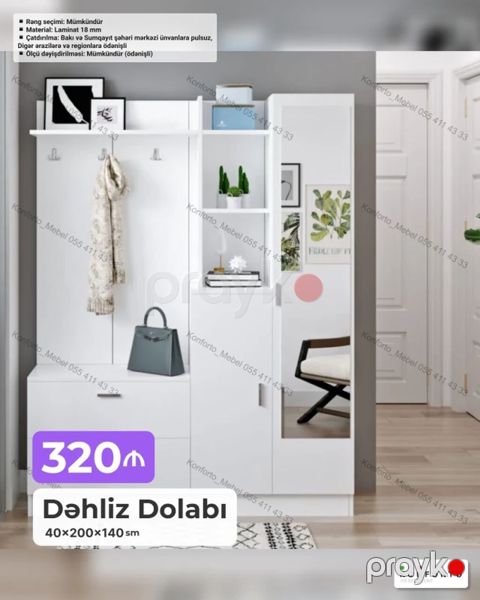 Dəhliz Dolabı – 40×200×140 sm Ağ rəngli, funksional dəhliz sistemi — Bakı