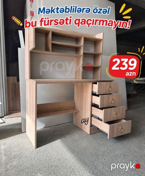Məktəblilər üçün funksional iş masası - Təbii ağac teksturalı Lmdp — Bakı