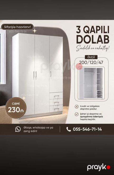 3 qapılı paltar dolabı – sadəlik və rahatlıq Ölçü: 200/120/47 sm — Bakı