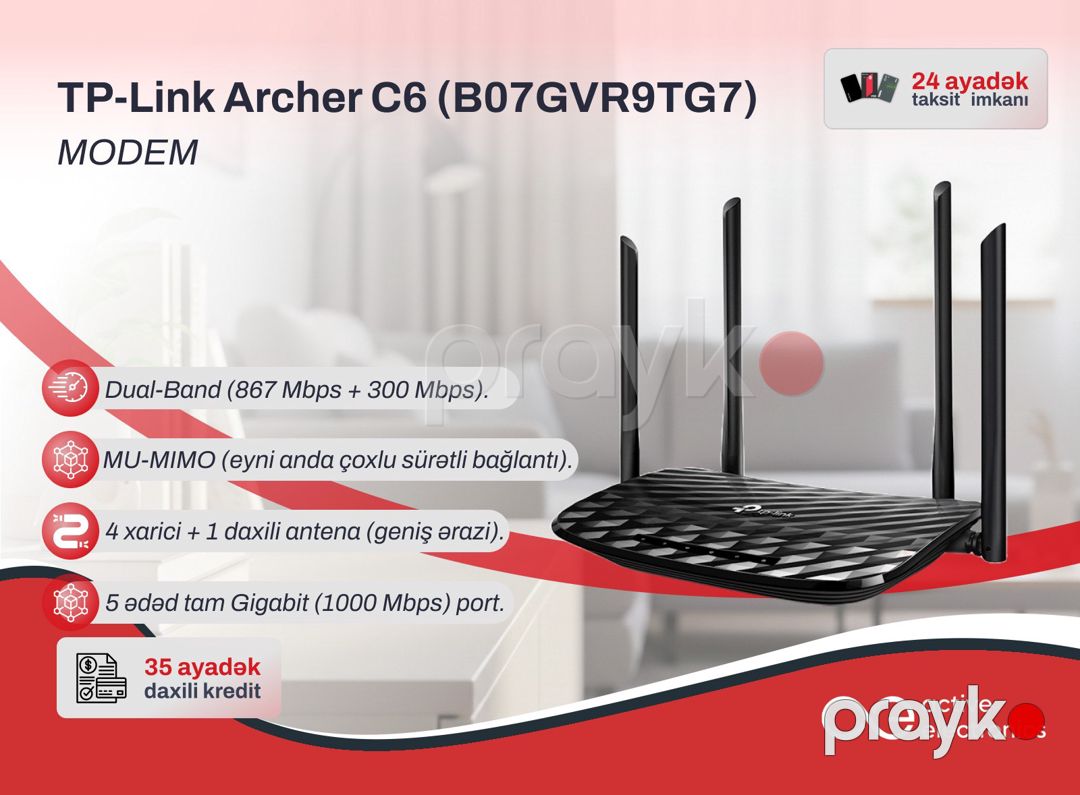 Router TP-Link Archer C6 AC1200 (B07GVR9TG7) — Şəbəkə və server avadanlığı, Bakı