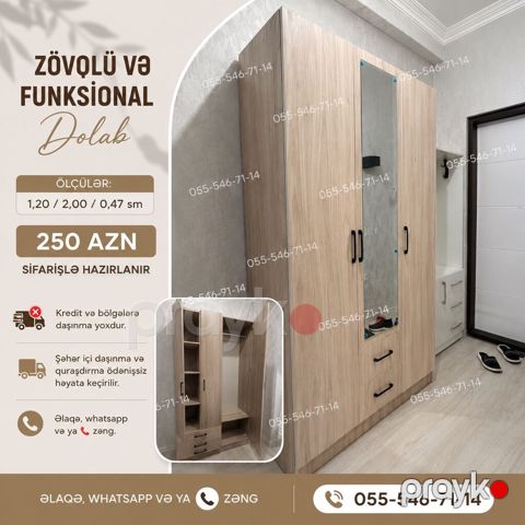 Düz dolab, Qarderob, Açılan, Korpuslu, 2 qapılı — Bakı