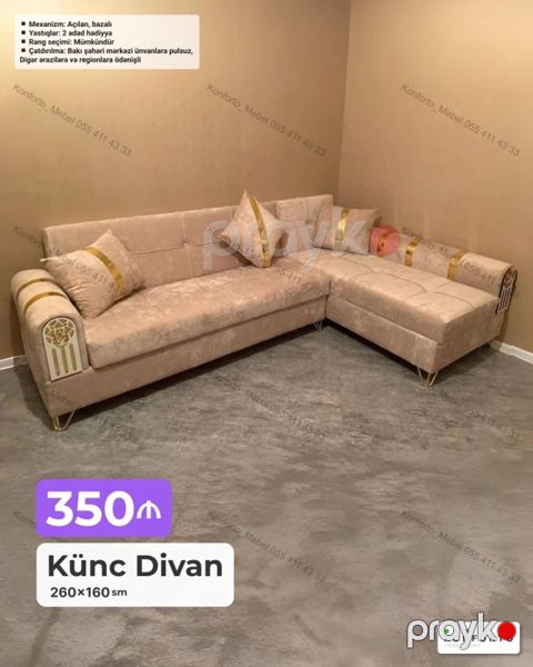 Künc divan – 260×160 sm - Açılan mexanizm, bazalı - Rəng seçimi — Bakı