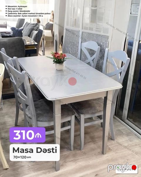 Masa dəsti – 70×120 sm Dəst tərkibi: 1 masa + 4 ədəd stul — Bakı