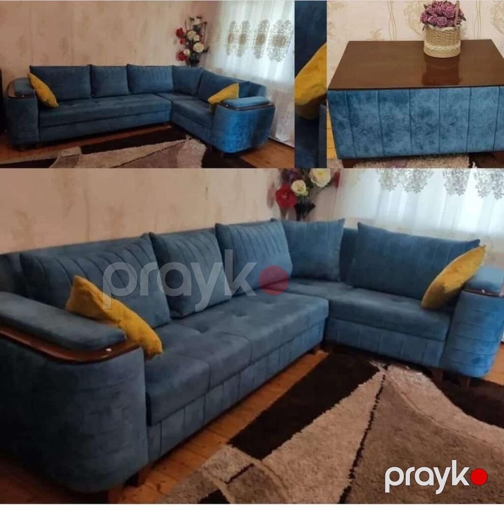 Mavi rəngdə L formalı yumşaq künc divan dəsti. Xüsusiyyətlər: - L — Yumşaq mobilya dəstləri, Bakı (3)
