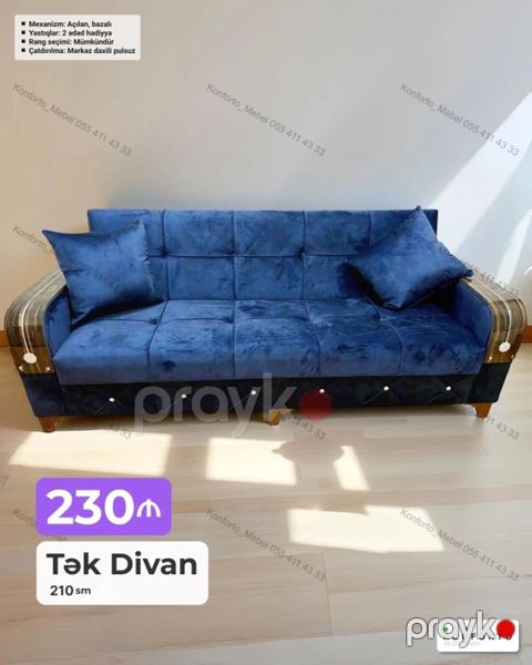 Tək divan – 210 sm Qiymət: 230₼ Xüsusiyyətlər: - Mexanizm: açılan — Bakı