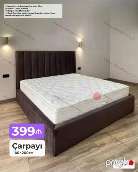 Çarpayı – 160×200 sm - Yumşaq başlıq və parça üzlü korpus - Geniş — Bakı