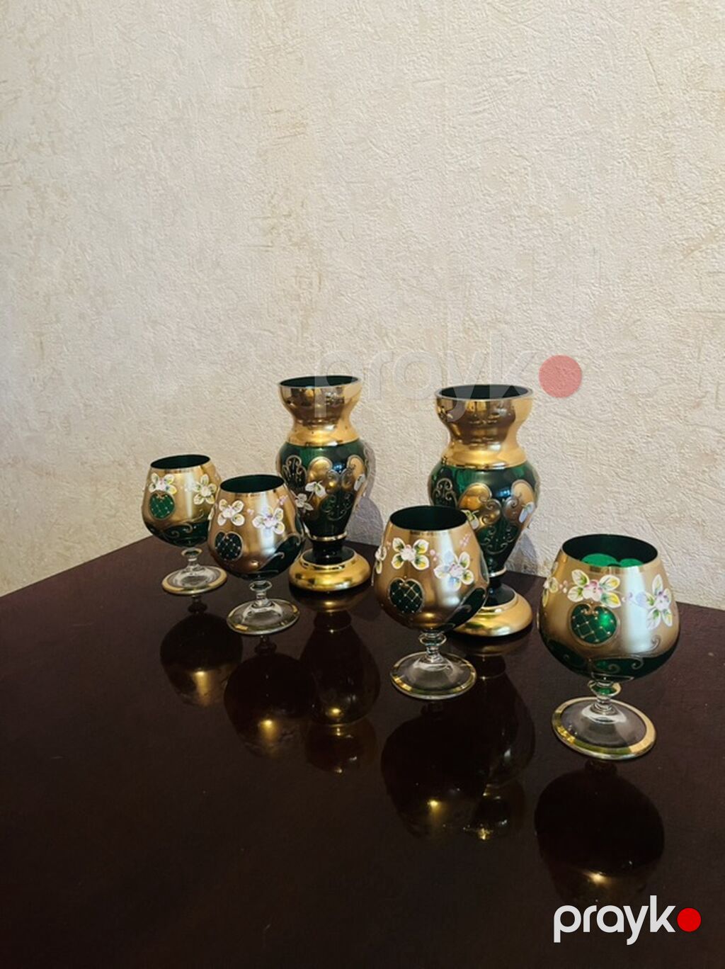 Qızılı-yaşıl dekorlu şüşə servis dəsti - Tərkib: 6 ədəd balon tipli — Süfrə qabı, Gəncə (2)