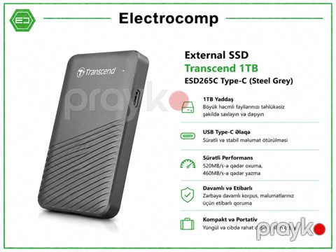 External SSD Transcend 1TB ESD265C Type-C (Steel Grey) — Bakı