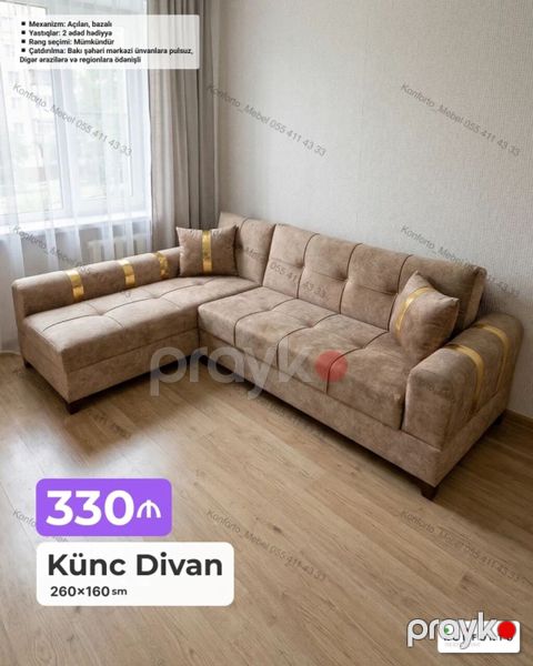 Künc divan – 260×160 sm - Mexanizm: açılan, bazalı (yataq funksiyası) — Bakı