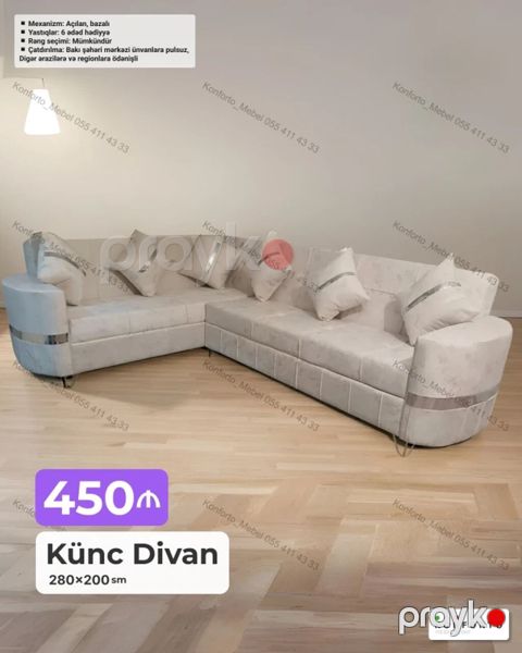 Künc divan – 280×200 sm Mexanizm: açılan, bazalı Yastıqlar: 6 — Bakı