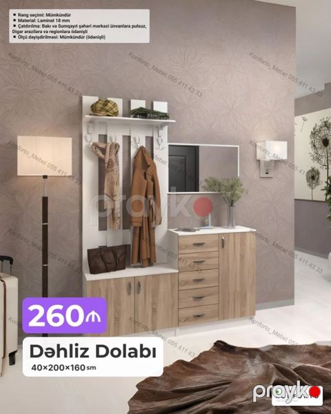 Dəhliz Dolabı – 40×200×160 sm Funksional və çoxbölməli dəhliz — Bakı