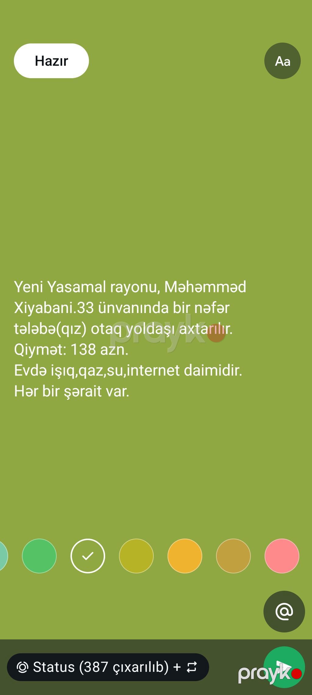 Yeni Yasamal rayonu, Məhəmməd Xiyabani 33 ünvanında 1 nəfər tələbə qız — Mənzil, Bakı