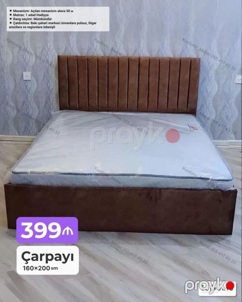 Çarpayı – 160×200 sm - Yumşaq başlıq: şaquli tikişli, rahat söykənmə — Bakı