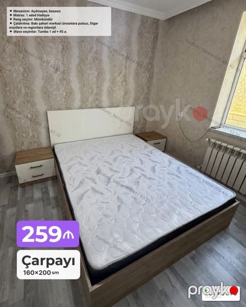 Çarpayı – 160×200 sm - Korpus: taxta rəngli gövdə, ağ başlıq — Bakı