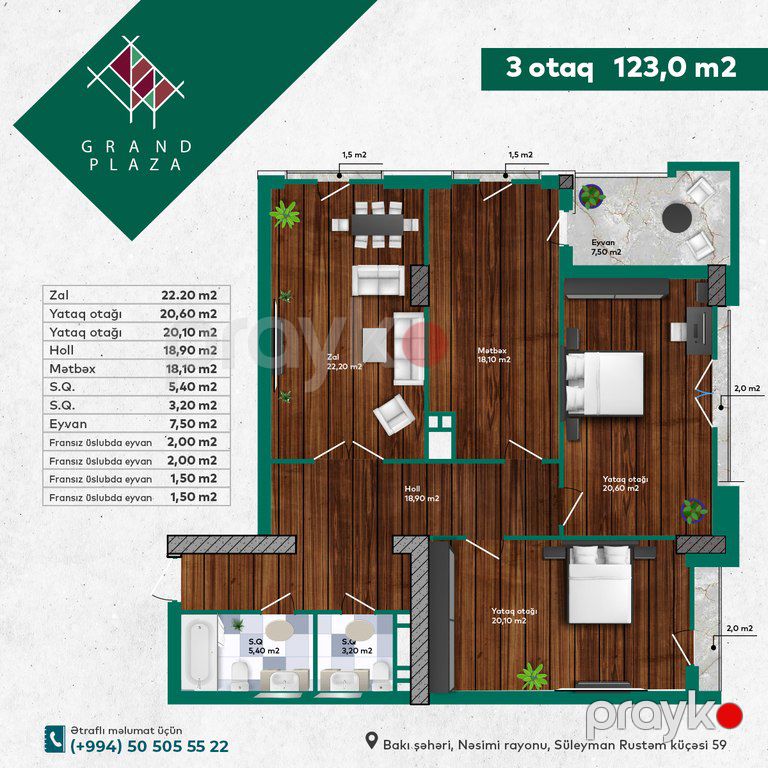 Satılır 3 otaqlı yeni tikili 123 m² — Mənzil, Bakı (3)
