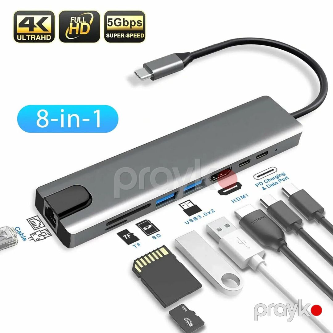 Konvertor "8 in 1 Gigabit Type-C to Hdmi 4K / Type-C / USB 3.0 /SD-MicroSD/RJ45" — Periferik cihazlar, Bakı (2)