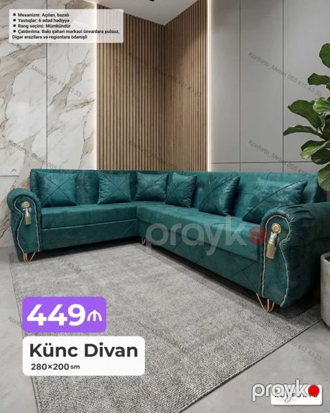 Künc Divan – 280×200 sm - Mexanizm: açılan, bazalı (əlavə saxlama — Bakı