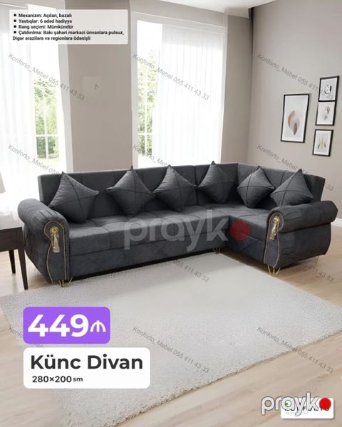 Künc divan – 280×200 sm - Açılan, bazalı mexanizm: gündəlik istirahət — Bakı