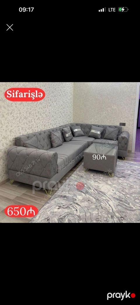 Sifarişlə hazırlanır: L‑şəkilli yumşaq künc divan dəsti - Rəng: boz — Bakı