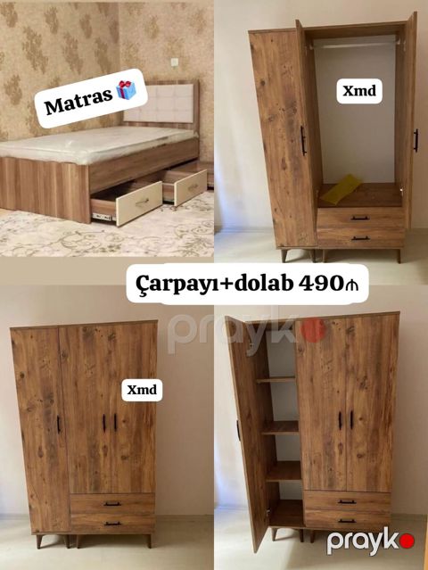 Çarpayı + dolab dəsti - Taxta teksturalı, isti rəng tonlarında yataq — Bakı