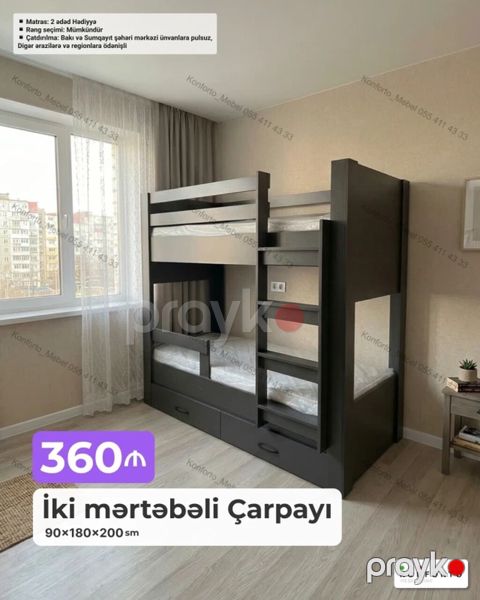 İki mərtəbəli çarpayı – 90×180×200 sm - Komplektdə 2 ədəd matras — Bakı