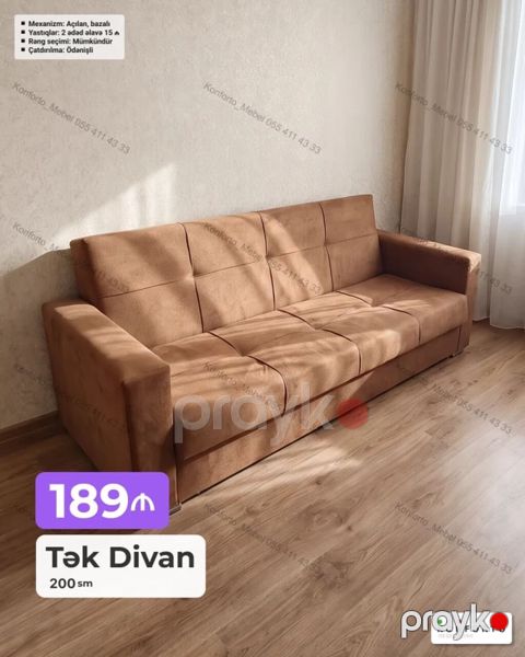 Tək divan – 200 sm Mexanizm: açılan, bazalı (yataq funksiyası və — Bakı