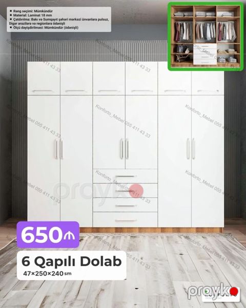 6 qapılı paltar dolabı - Ölçü: 47×250×240 sm - Material: 18 mm — Bakı