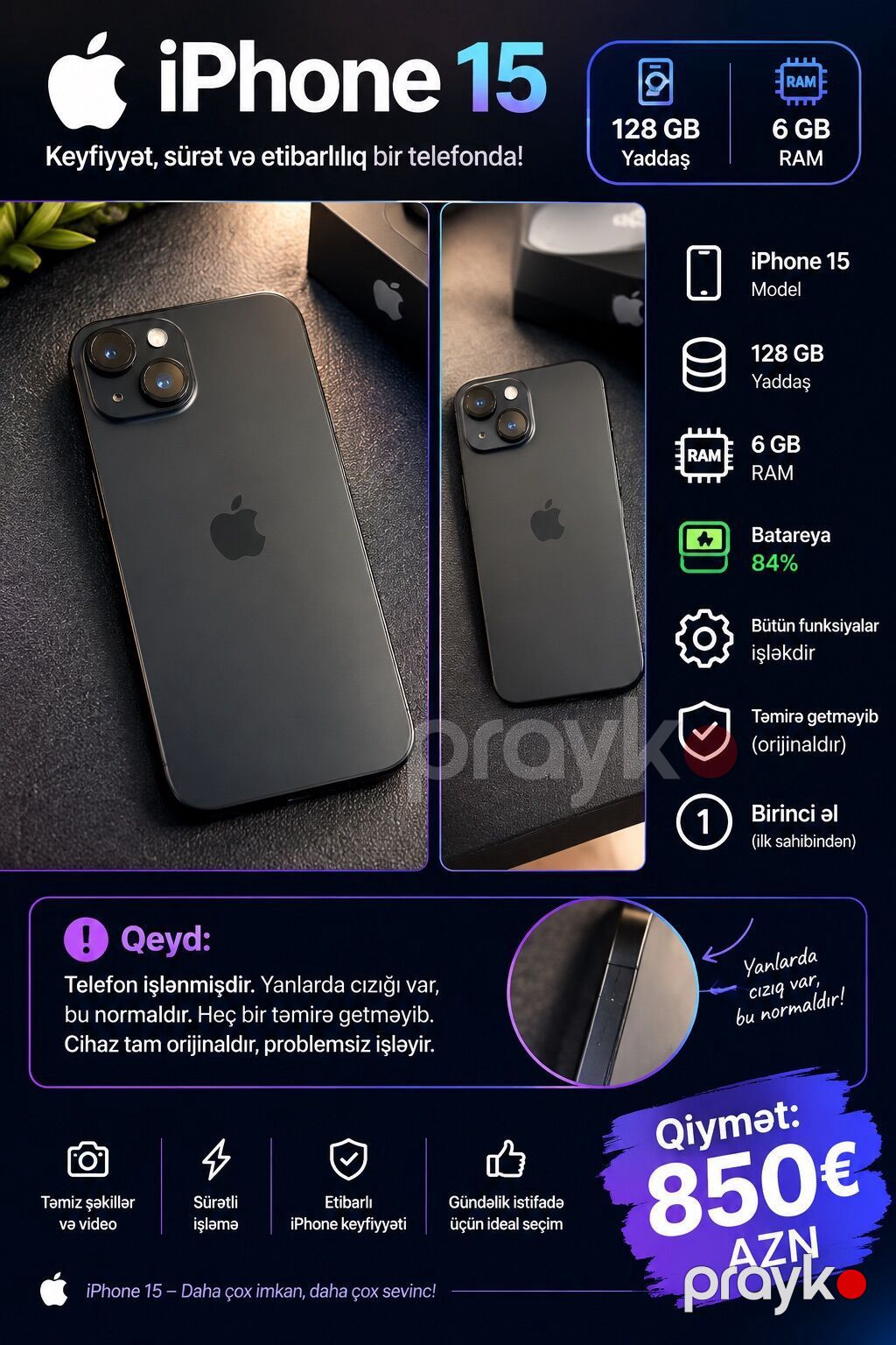 IPhone 15, 128 GB, Black Titanium, Zəmanət, Simsiz şarj, Face ID — Apple iPhone, Digah (2)