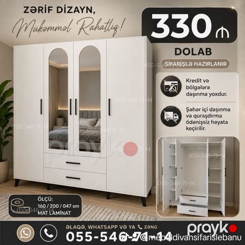 Düz dolab, Yataq otağı üçün, Paltar üçün, Açılan, Korpuslu, 4 qapılı — Bakı