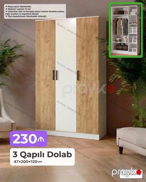 3 qapılı paltar dolabı Ölçü: 47 200 120 sm Material: 18 mm — Bakı
