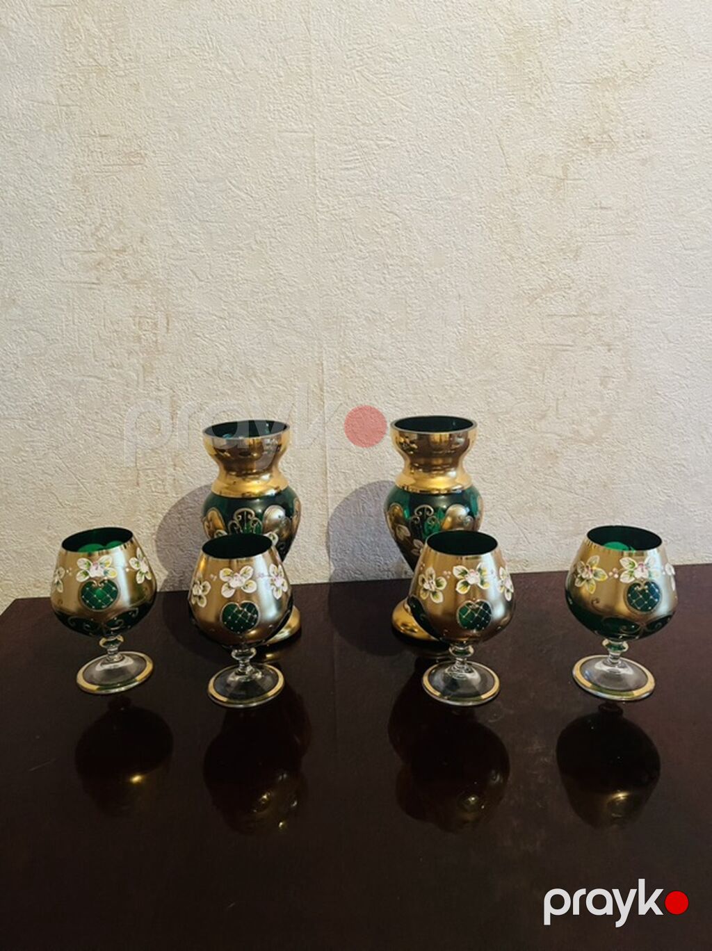 Qızılı-yaşıl dekorlu şüşə servis dəsti - Tərkib: 6 ədəd balon tipli — Süfrə qabı, Gəncə