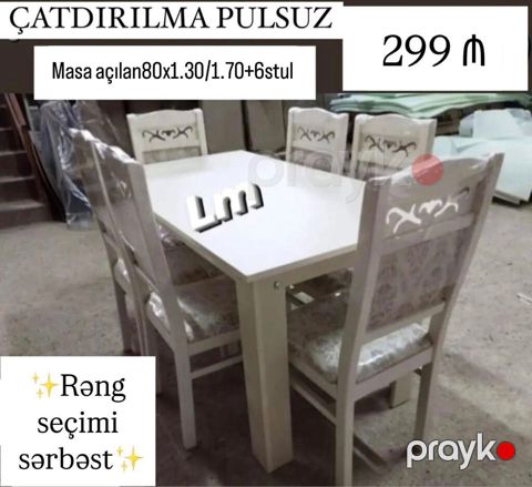 Açılan masa və 6 stul dəsti - Masa ölçüləri: 80 x 130 sm, açıldıqda — Bakı