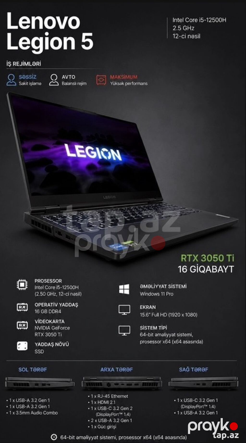 İşlənmiş Lenovo Legion, 15.6 Intel Core i5, 512 GB, Ünvandan götürmə — Lenovo, Saray (2)