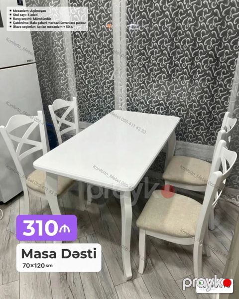 Məhsul: Masa Dəsti - Ölçü: 70×120 sm - Komplekt: 1 ədəd masa + 4 ədəd — Bakı