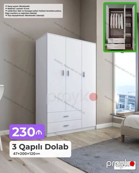 3 Qapılı Dolab – 47×200×120 sm Material: 18 mm laminat Daxili — Bakı