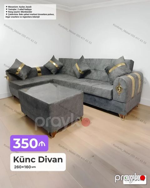Künc divan – 260×160 sm - Mexanizm: açılan, bazalı (yatan yerə — Bakı