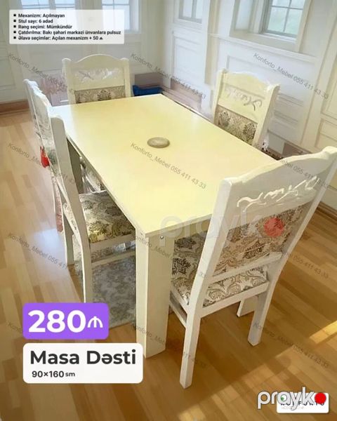 Masa Dəsti – 90×160 sm - Komplektsiya: Masa + 6 ədəd stul - Mexanizm — Bakı