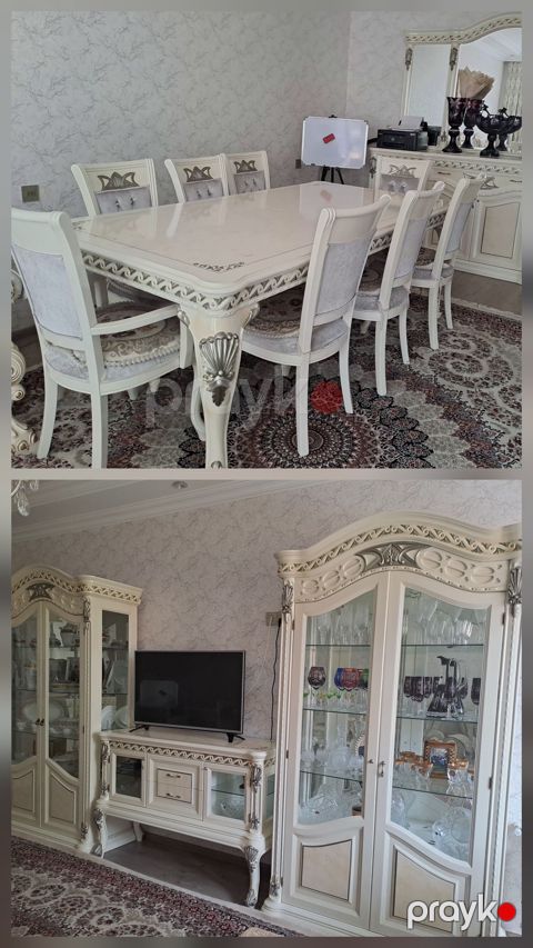 Dəst halında satılır. 1 stol 8 stul, 1 eded kamod, 2 eded qorka, tv altlığı — Saray